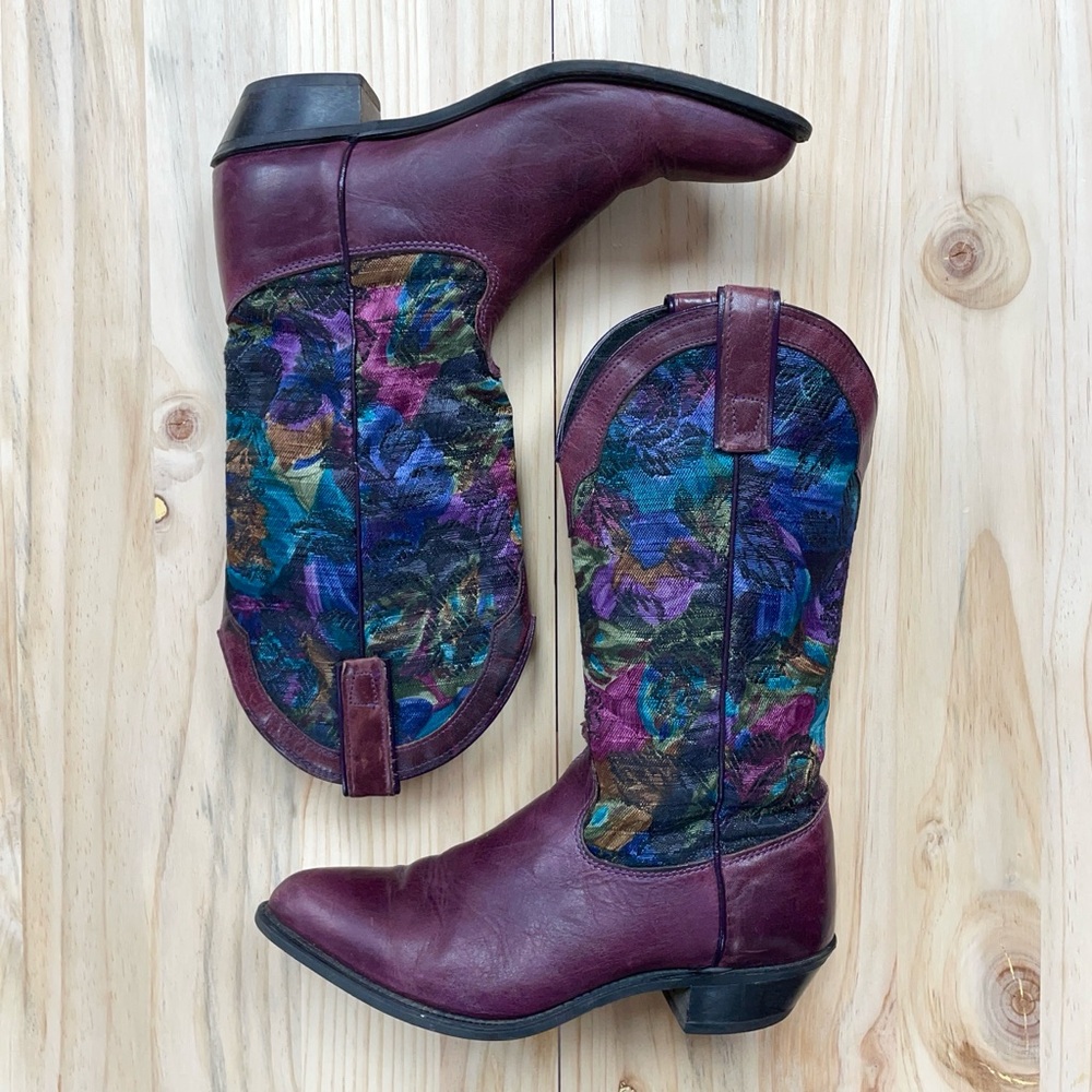 Vintage Capezio Multicolor Fabric and Purple Leather Western Boots - Sz 7 1/2 M